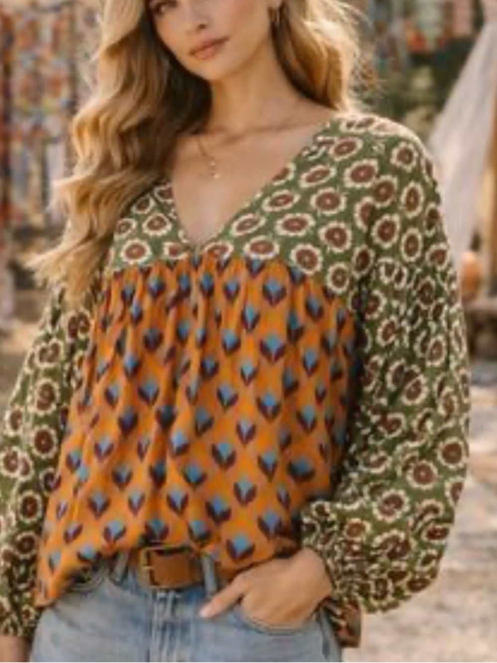 Bucket List Boho Floral Patchwork Peasant Blouse Green Orange Artsy Top L - Picture 1 of 10